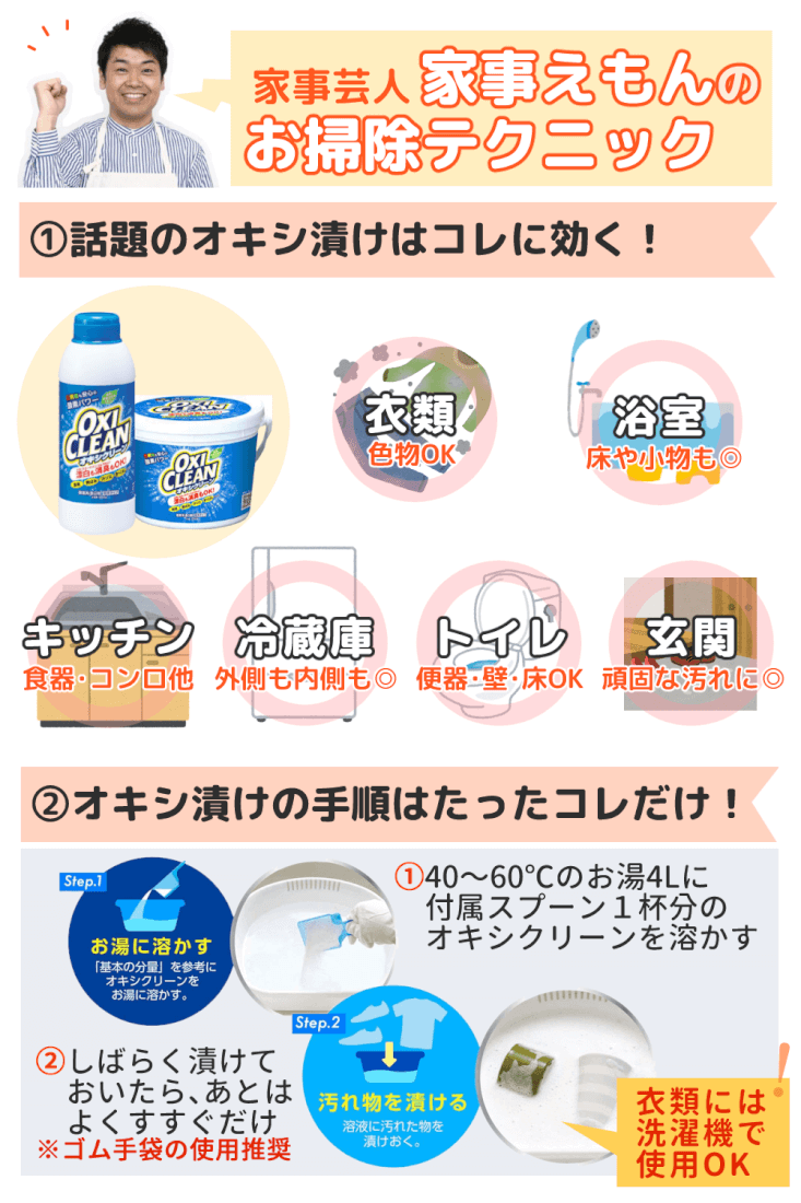 家事芸人松橋周太呂「家事えもん」の掃除テクニック　オキシ漬けポイントまとめ