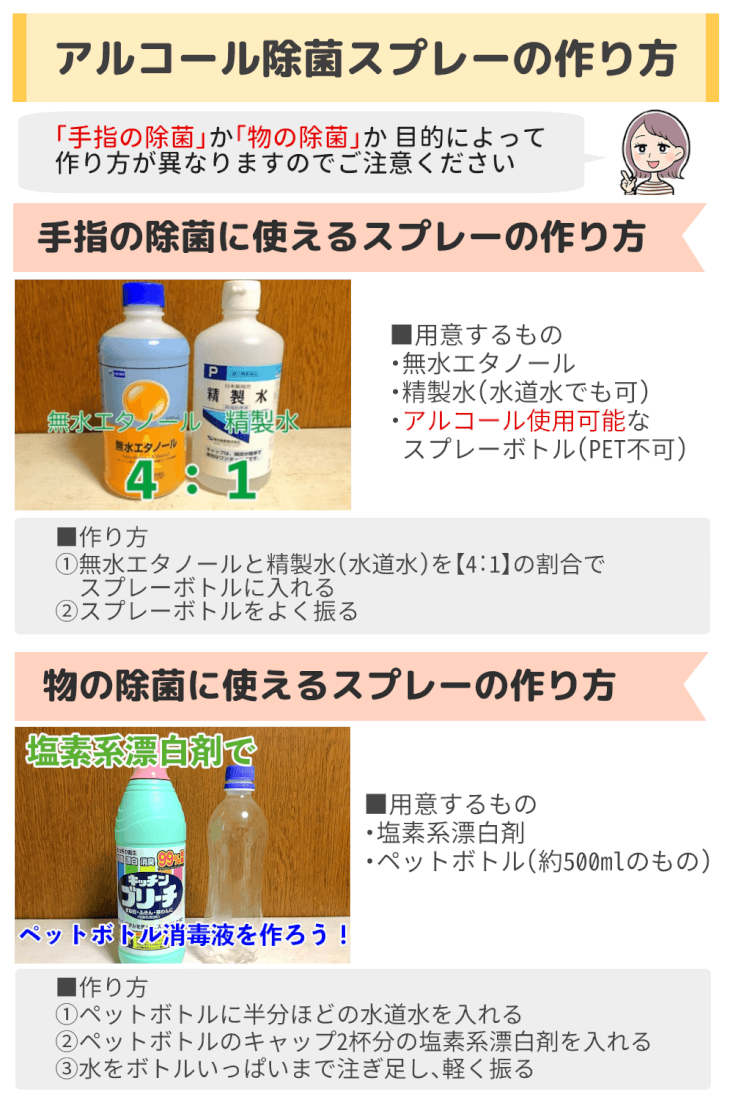 無水エタノール・塩素系漂白剤を使ったアルコール除菌スプレーの作り方まとめ